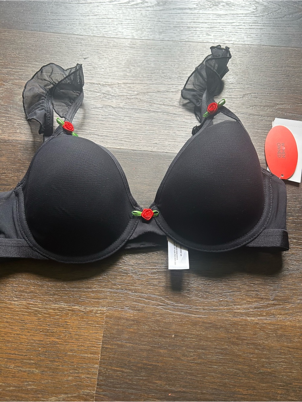 Black Push-Up Bra with Red Rose Embellishments
